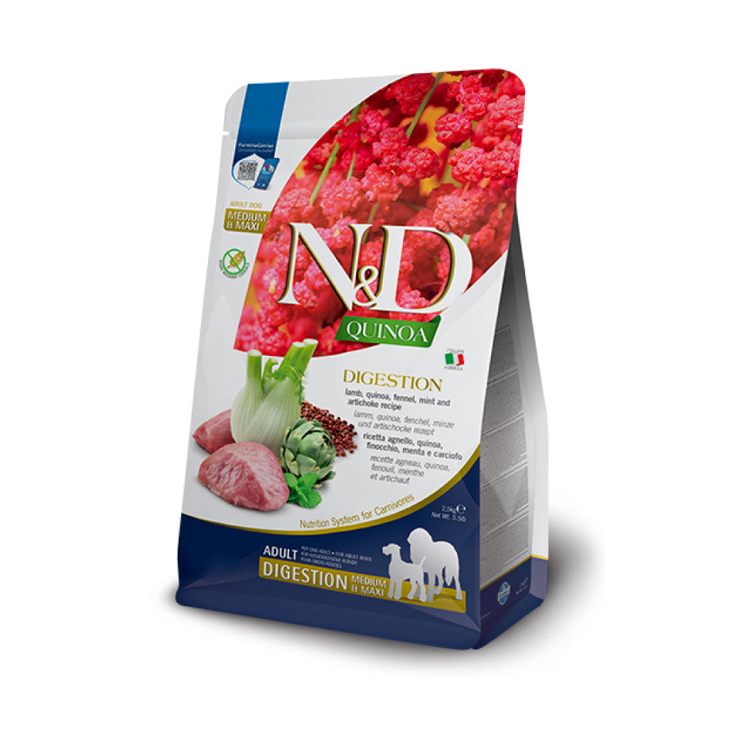 N&D Quinoa Digestion Medium & Maxi con Cordero, quinoa, hinojo, menta y alcachofa