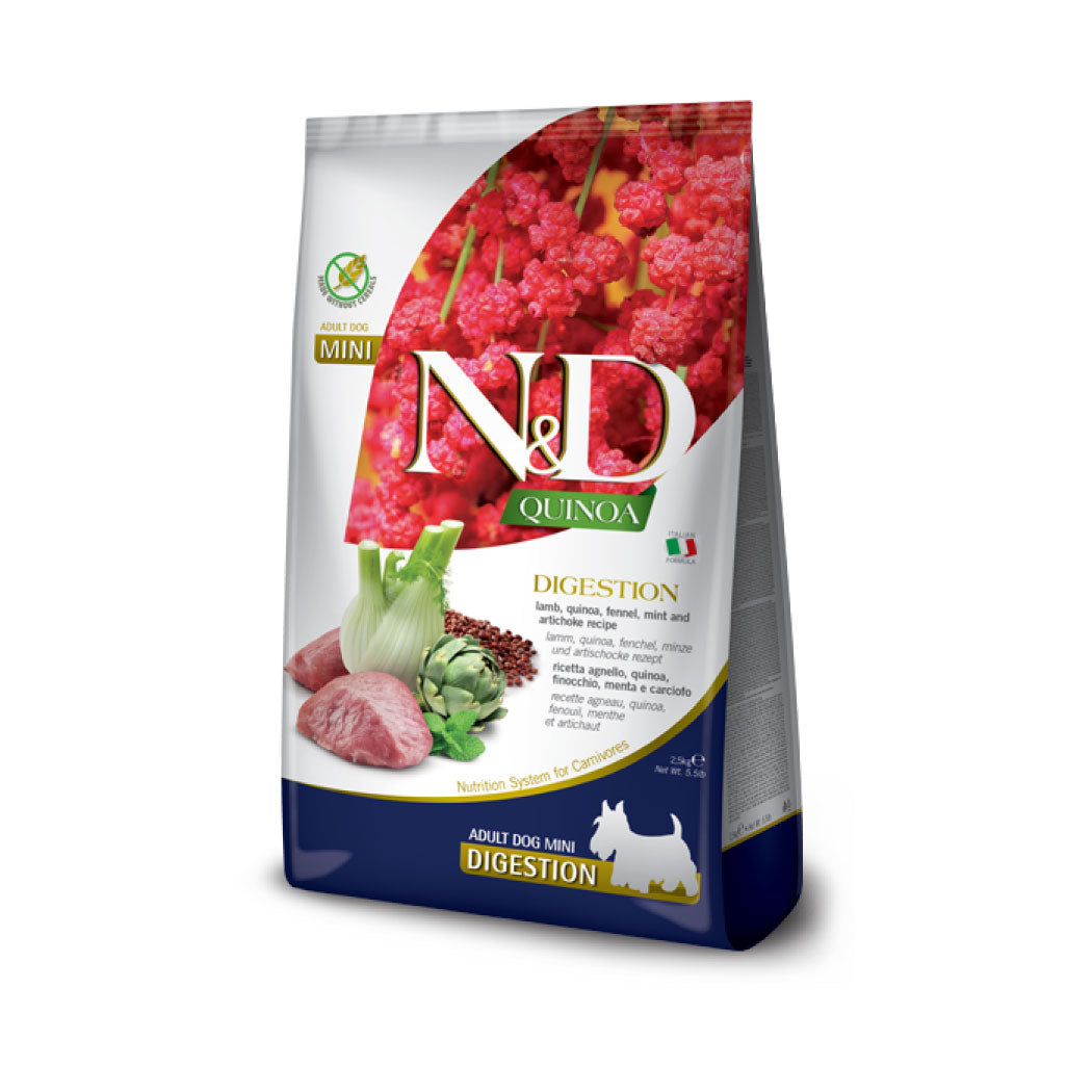 N&D Quinoa Digestion Mini con Cordero, quinoa, hinojo, menta y alcachofa
