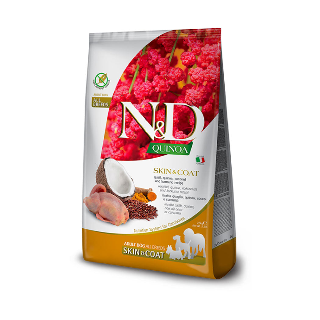 N&D Quinoa Skin & Coat All Breads con Codorniz, quinoa, coco y cúrcuma receta.