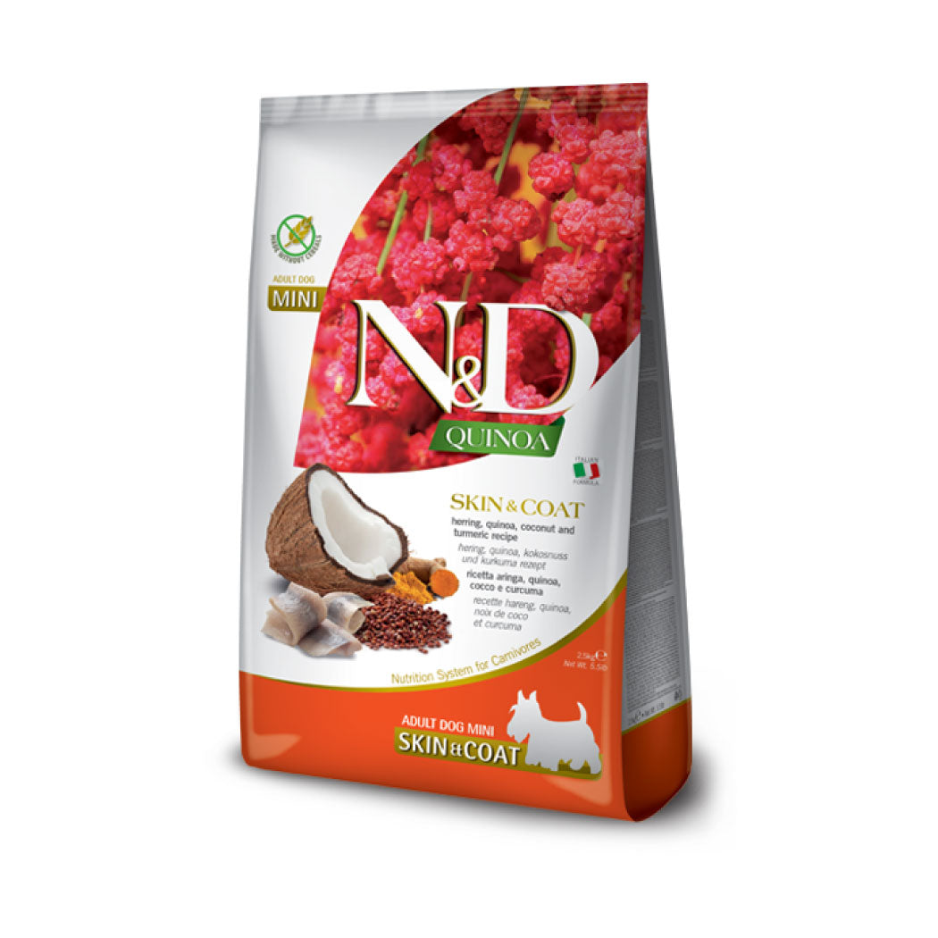 N&D Quinoa Skin & Coat Mini con Arenque, quinoa, coco y cúrcuma receta