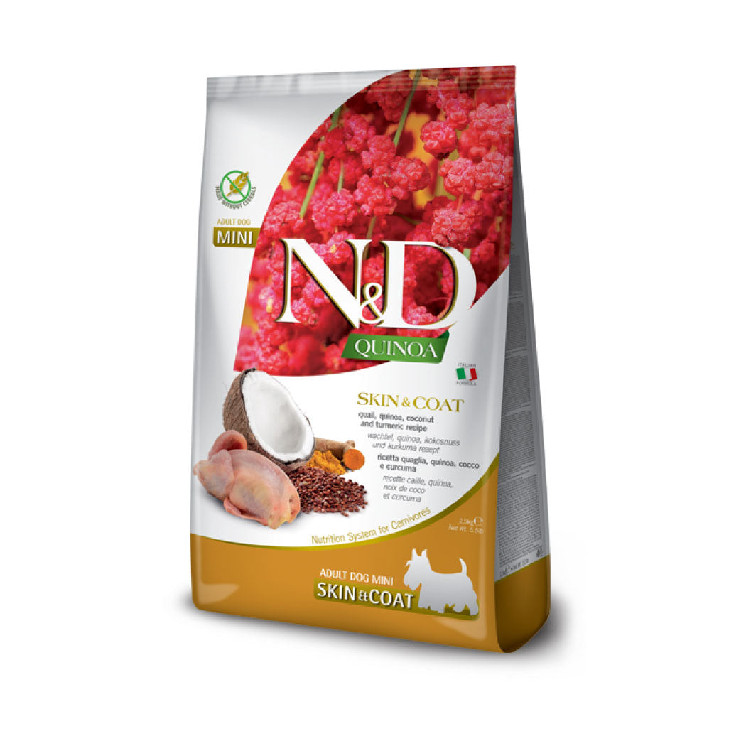 N&D Quinoa Skin & Coat Mini con Codorniz, quinoa, coco y cúrcuma receta.