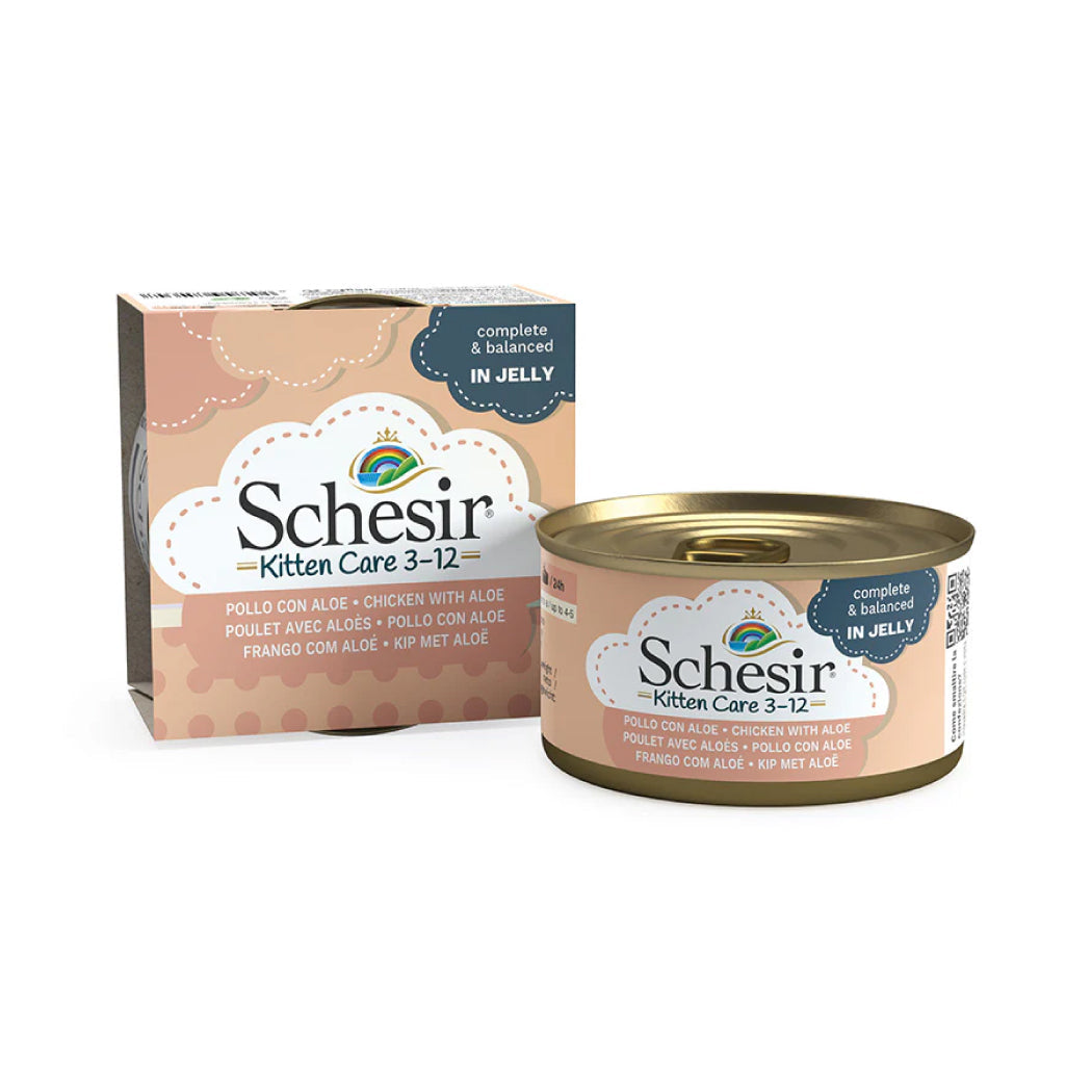 Schesir lata gato Kitten Care Pollo con Aloe 3-12 filetes 85g