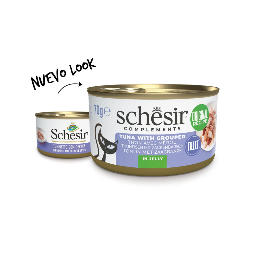 Schesir lata gato complementario Atún con mero en gelatina 70g