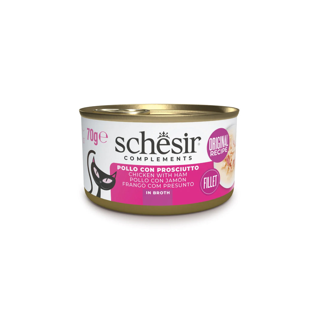 Schesir lata gato complementario Pollo con jamón en caldo 70g