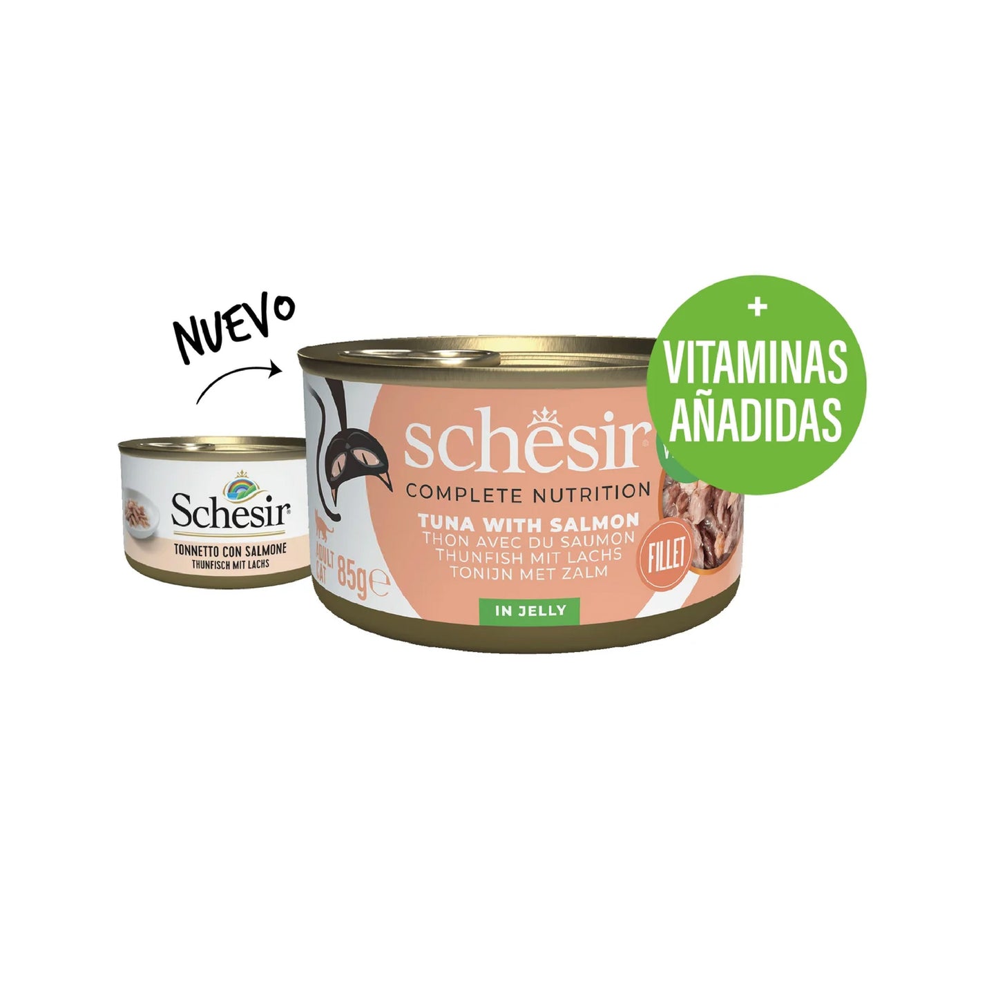 Schesir lata gato Atún con Salmón en gelatina 85g