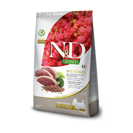 N&D Quinoa Neutered Mini con pato, quinoa, brócoli y espárragos