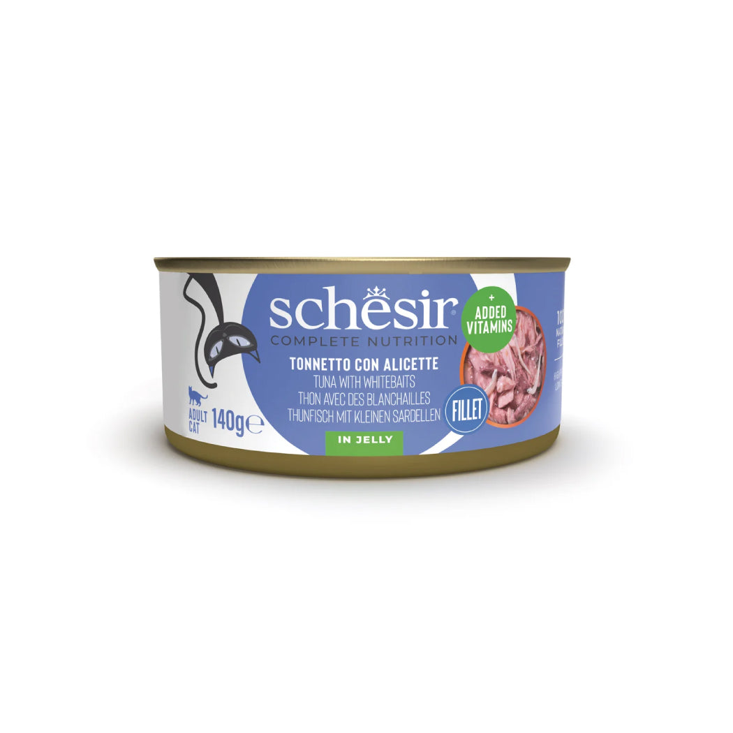 Schesir lata gato Atún con Anchovetas pequeñas en gelatina 140g