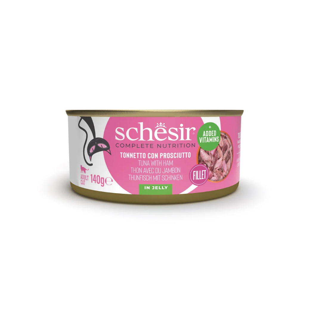 Schesir lata gato Atún con jamón en gelatina 140g
