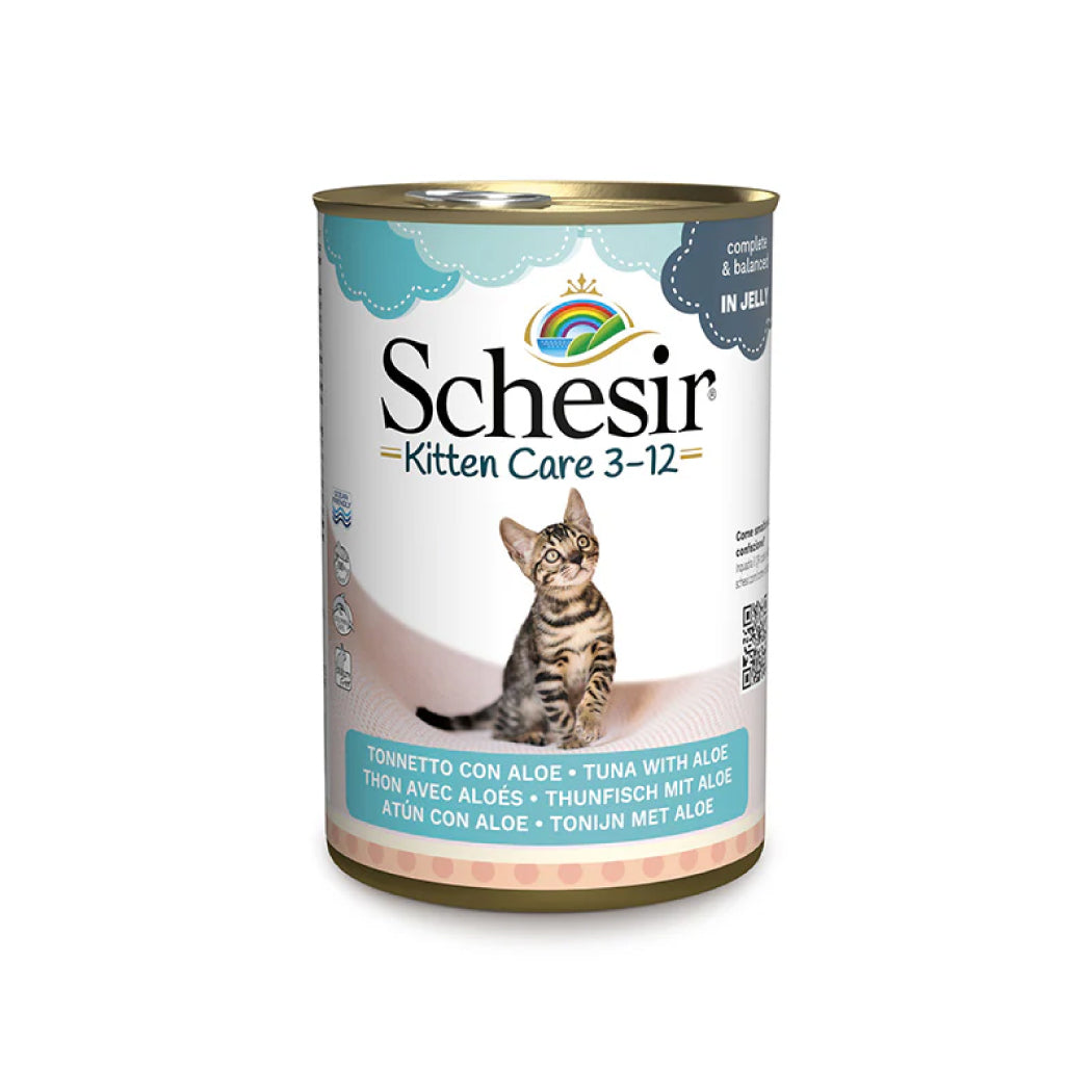 Schesir lata gato Kitten Care Atún con Aloe 3-12 mini filetes en gelatina 140g