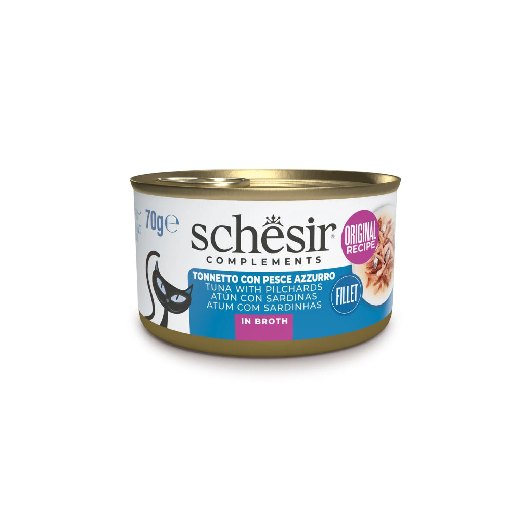 Schesir lata gato complementario Atún Sardinas en caldo 70g