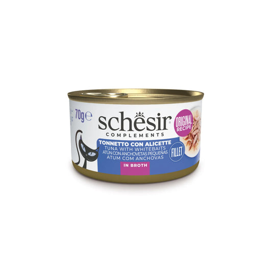 Schesir lata gato complementario Atún con Anchovetas pequeñas en caldo 70g