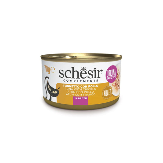 Schesir lata gato complementario Atún con Pollo en caldo 70g
