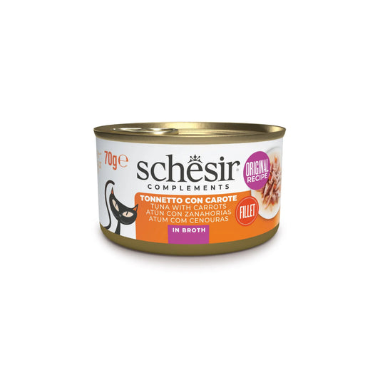 Schesir lata gato complementario Atún con zanahorias en caldo 70g
