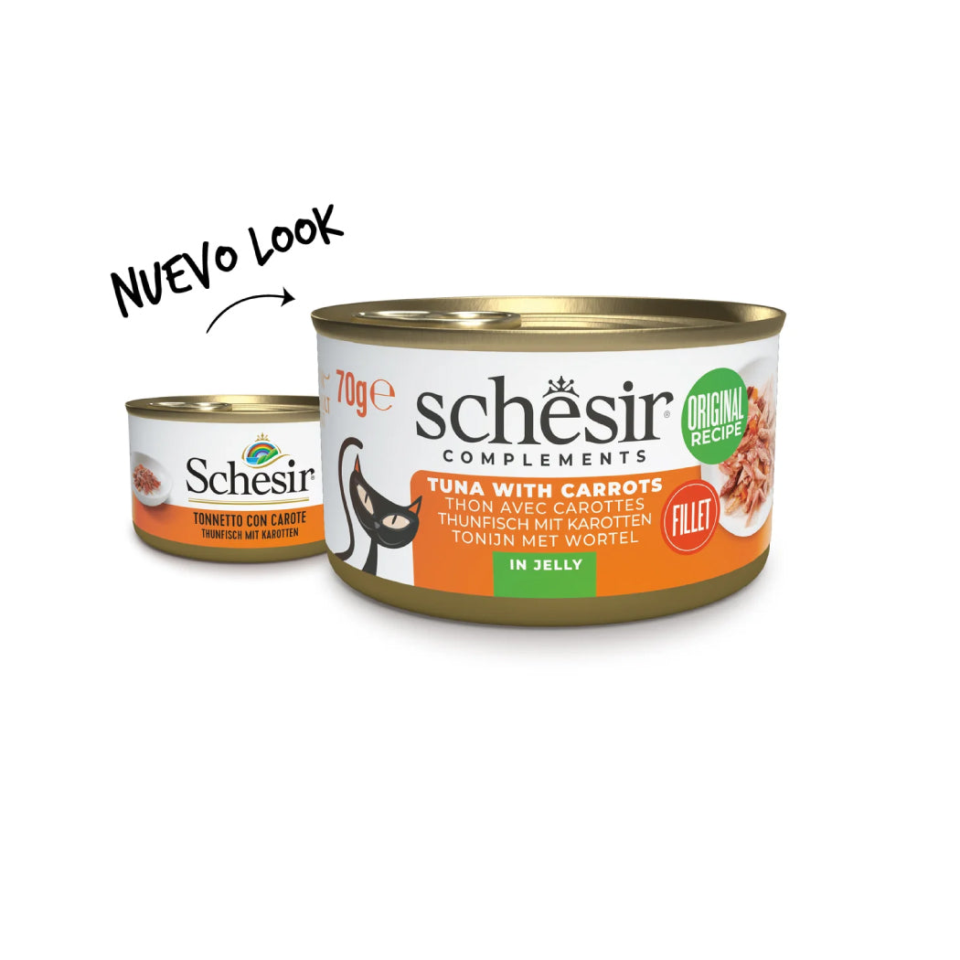Schesir lata gato complementario Atún con zanahorias en gelatina 70g