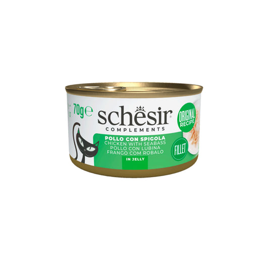 Schesir lata gato complementario Pollo con Lubina en gelatina 70g