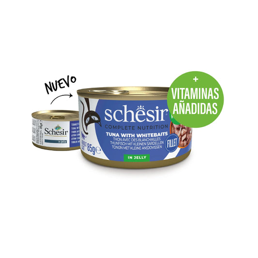 Schesir lata gato Atún con Anchovetas pequeñas en gelatina 85g