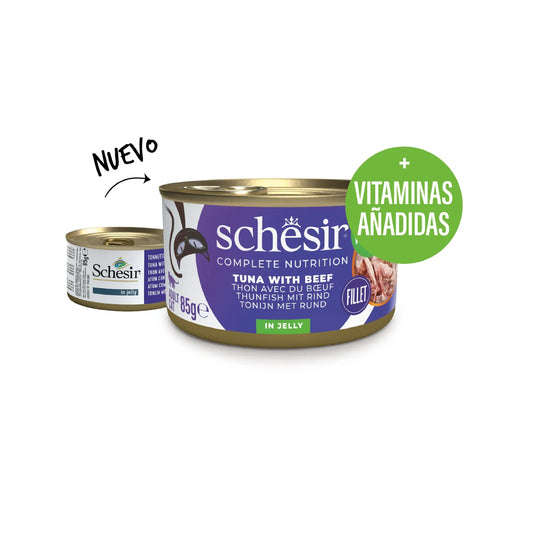 Schesir lata gato Atún con Vacuno en gelatina 85g